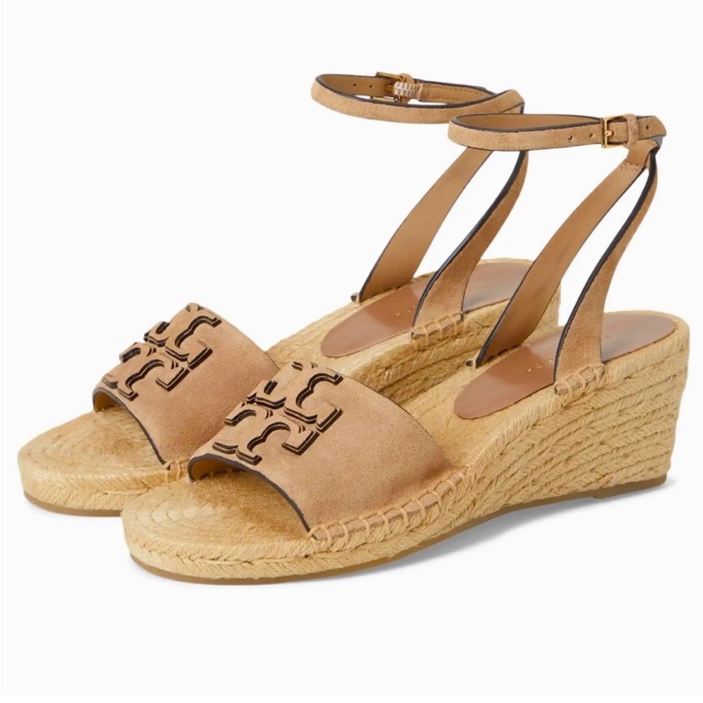 Tory Burch Ines Suede Double T Wedge Espadrilles, size 10